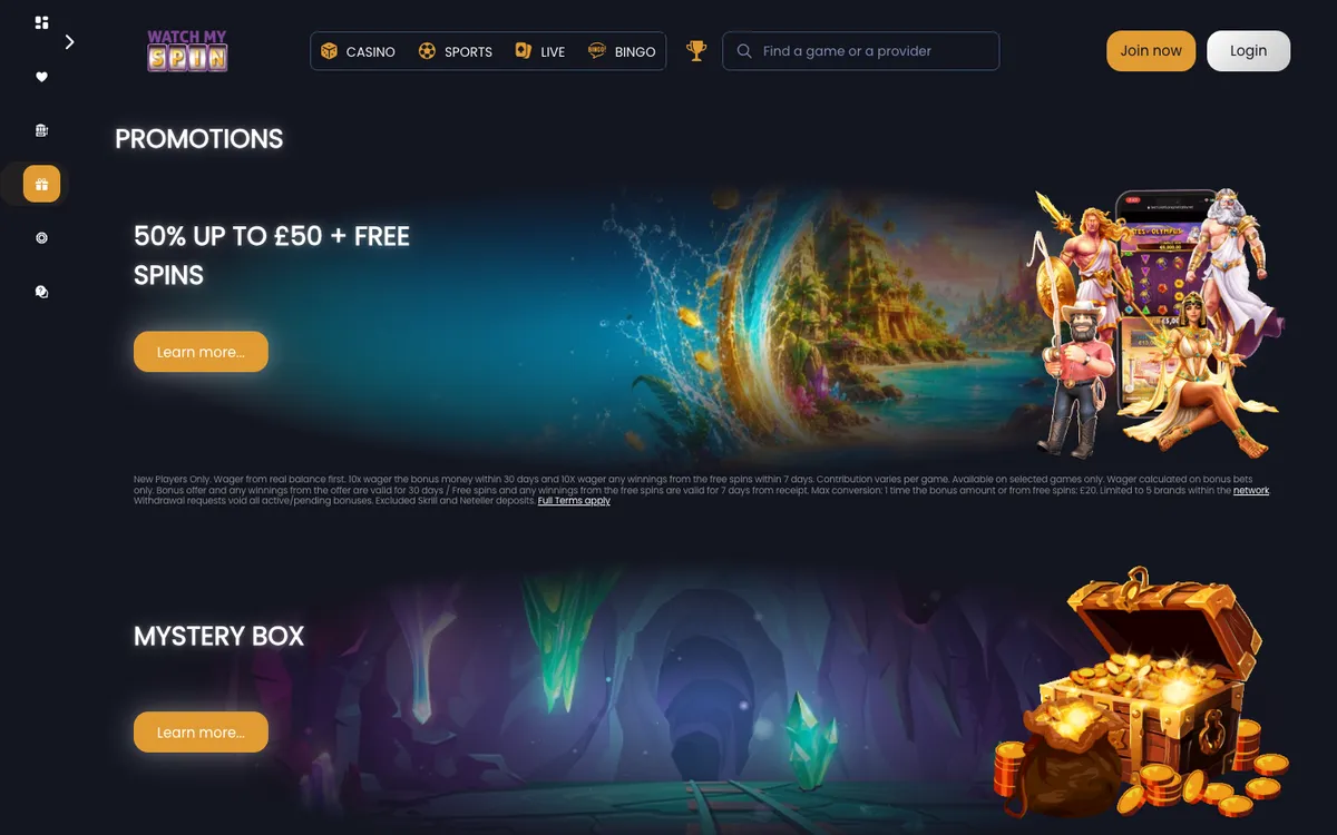 Watchmyspin Casino — «Акции», снято из страны Великобритания
