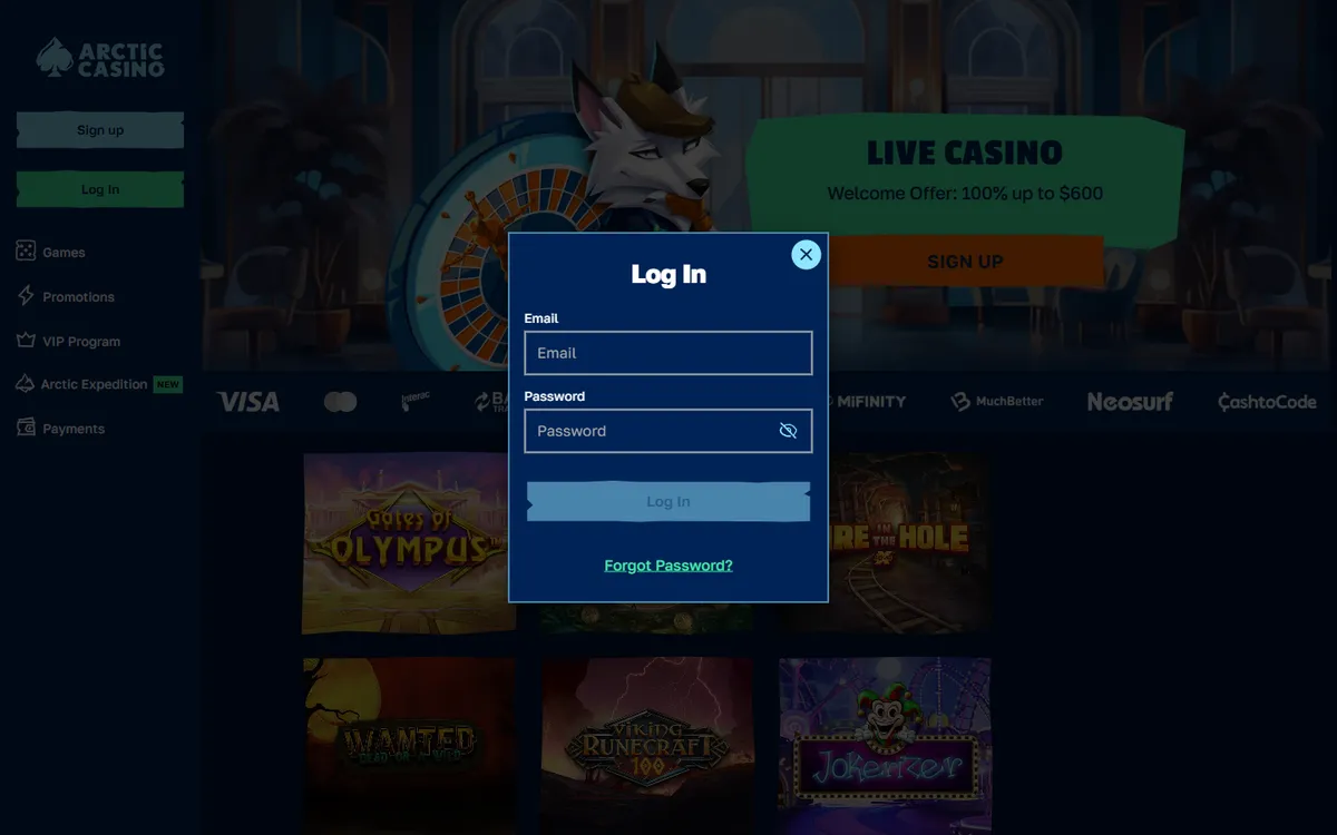 Arctic Casino — «Регистрация», снято из страны Канада