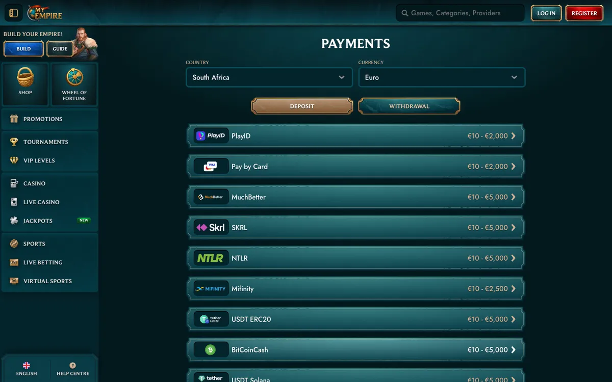 MyEmpire Casino — Payments, captured from South Africa
