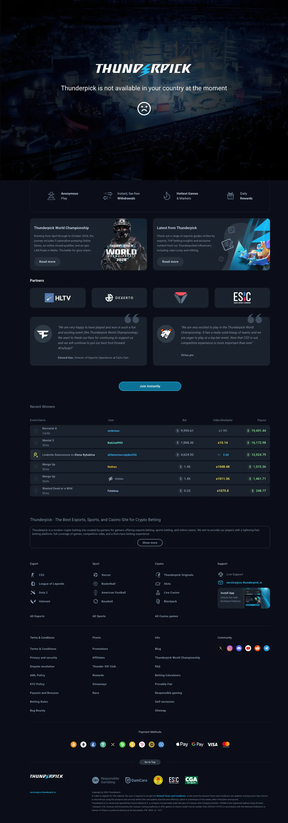 Thunderpick Casino — «Главная», снято из страны Франция