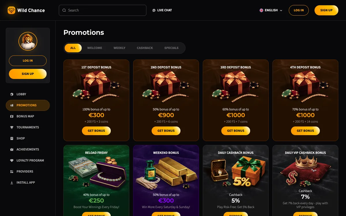 Wild Chance Casino — «Акции», снято из страны Новая Зеландия