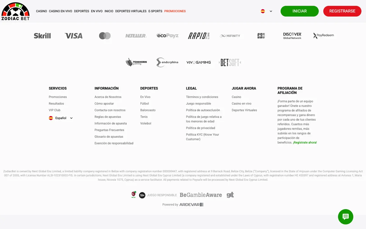 ZodiacBet Casino — Home page, captured from Mexico