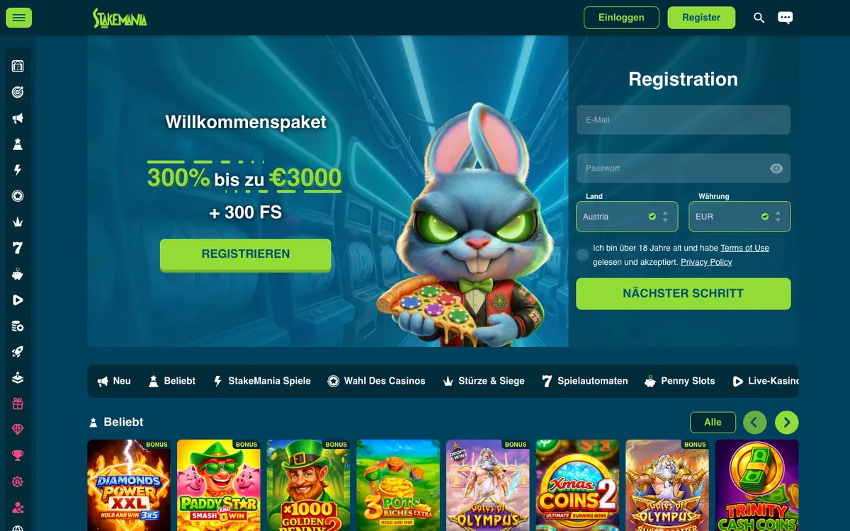 StakeMania Casino — Home page, captured from Austria