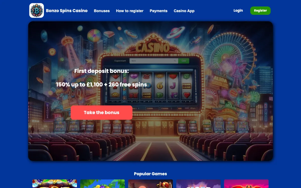 Bonzo Spins Casino — Home page, captured from United Kingdom
