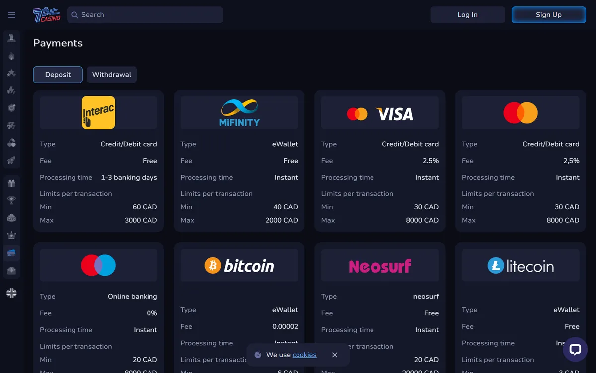 7BitCasino — «Платежи», снято из страны Канада