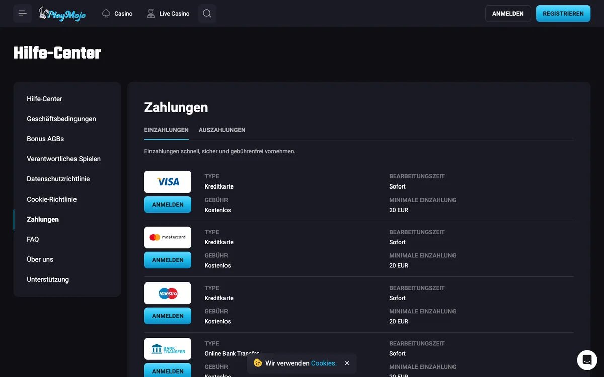 PlayMojo Casino — «Платежи», снято из страны Австрия
