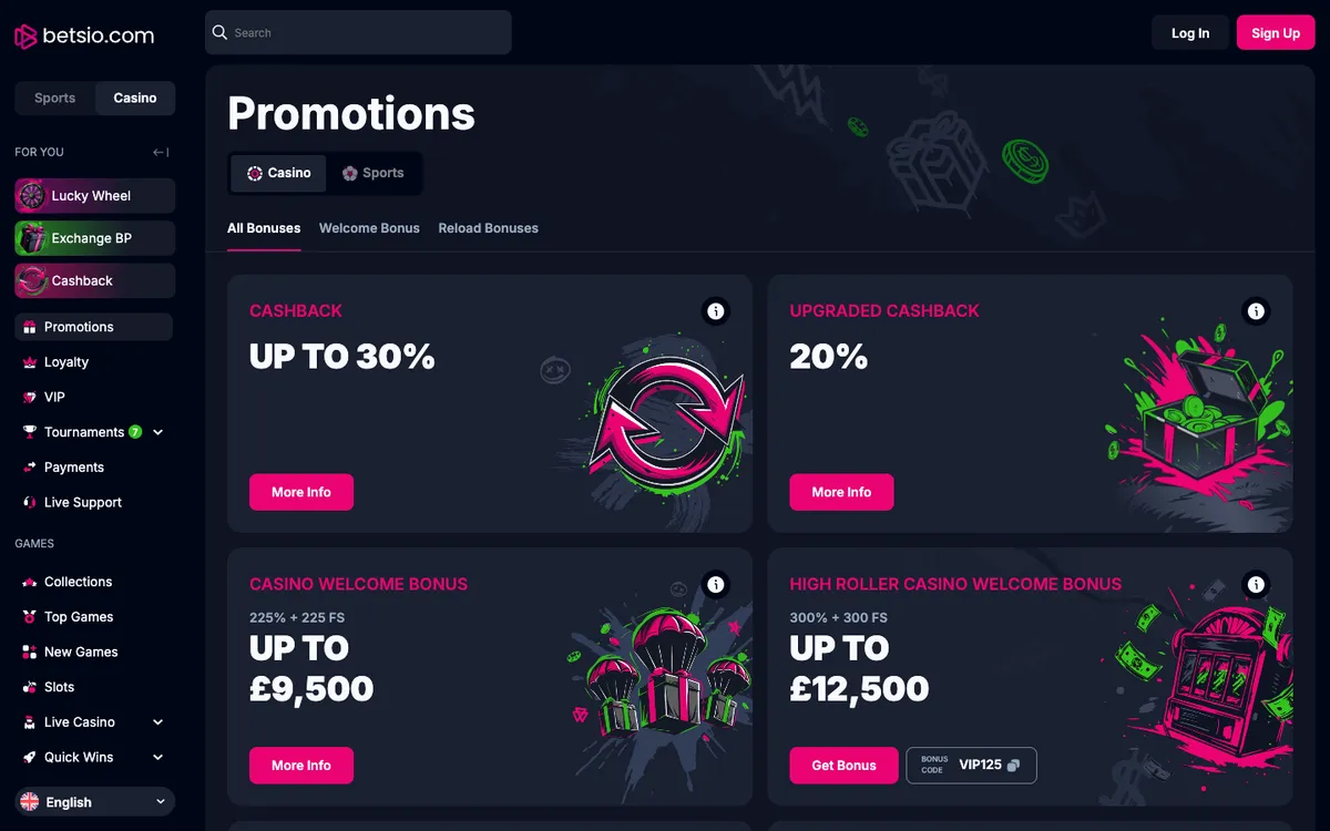 Betsio Casino — Promotions, captured from United Kingdom