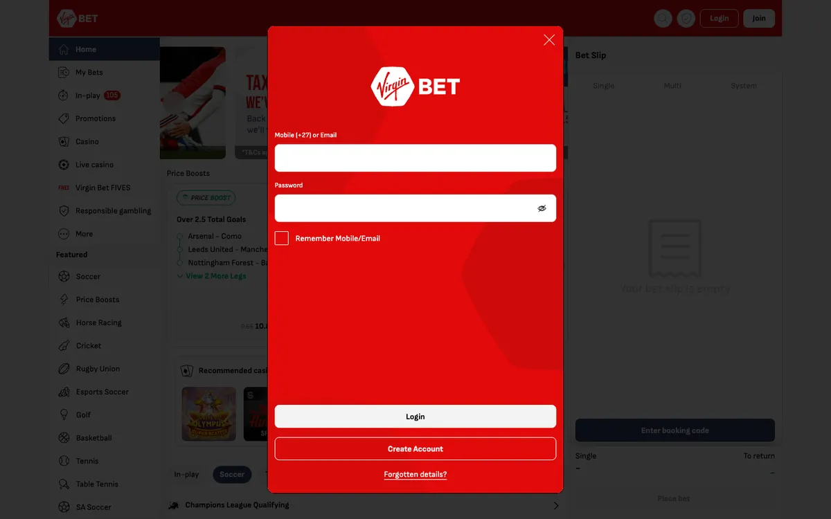 Virgin Bet Casino — Sign-up, captured from South Africa
