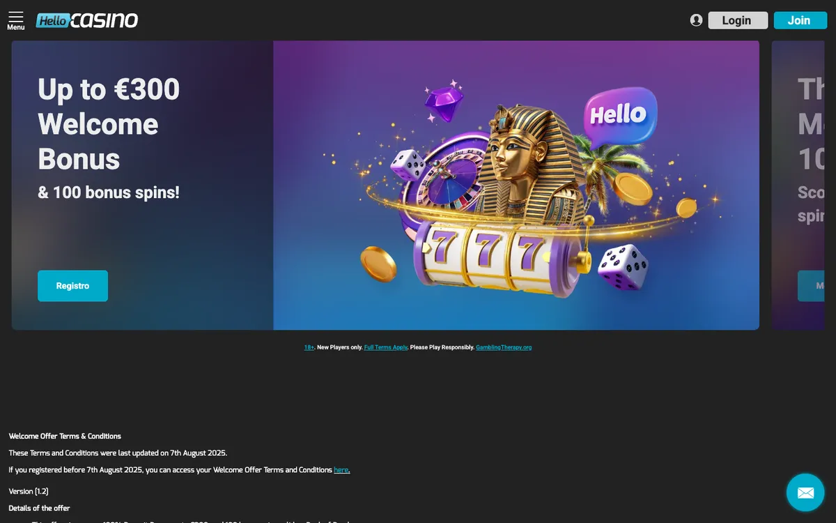Hello Casino — Home page, captured from Chile