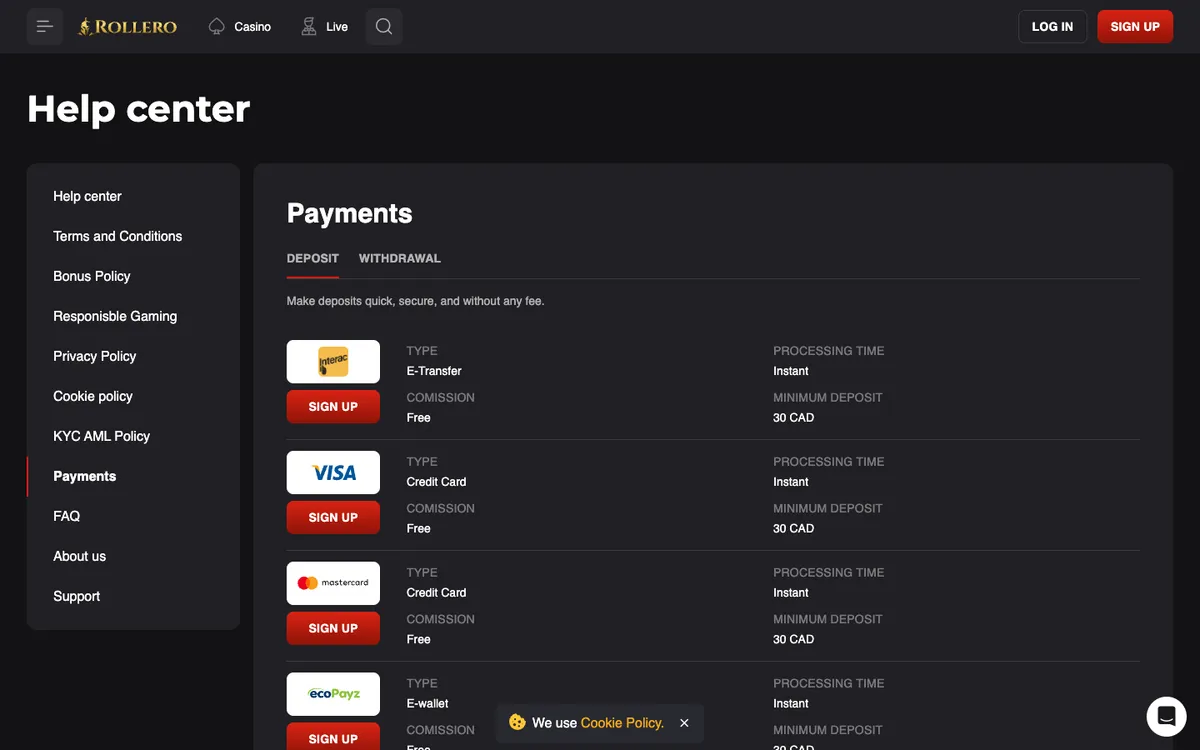 Rollero Casino — Payments, captured from Canada