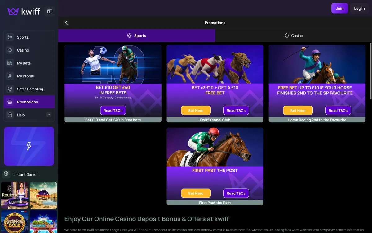 Kwiff Casino — Promotions, captured from United Kingdom