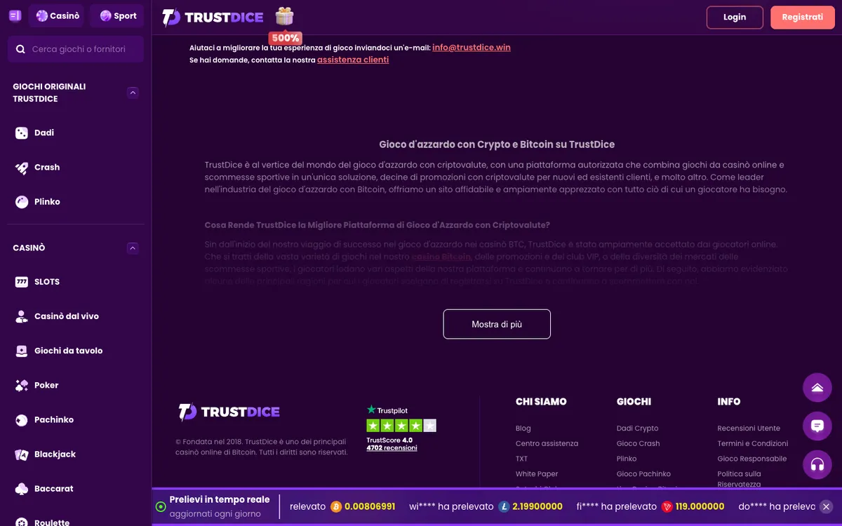 TrustDice Casino — «Главная», снято из страны Италия