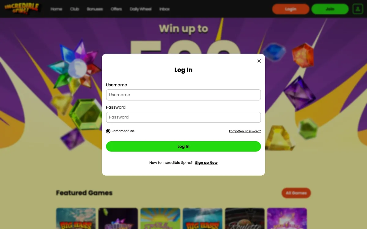 Incredible Spins Casino — Sign-up, captured from United Kingdom