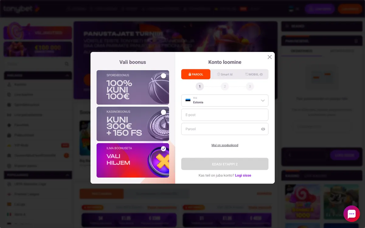 TonyBet Casino — Home page, captured from Estonia