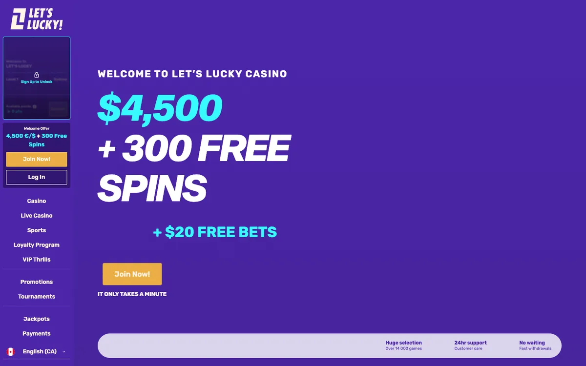 LetsLucky Casino — «Главная», снято из страны Канада