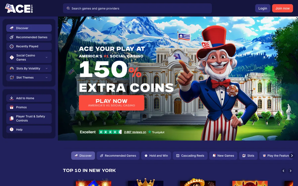 AceCasino — Home page, captured from United States