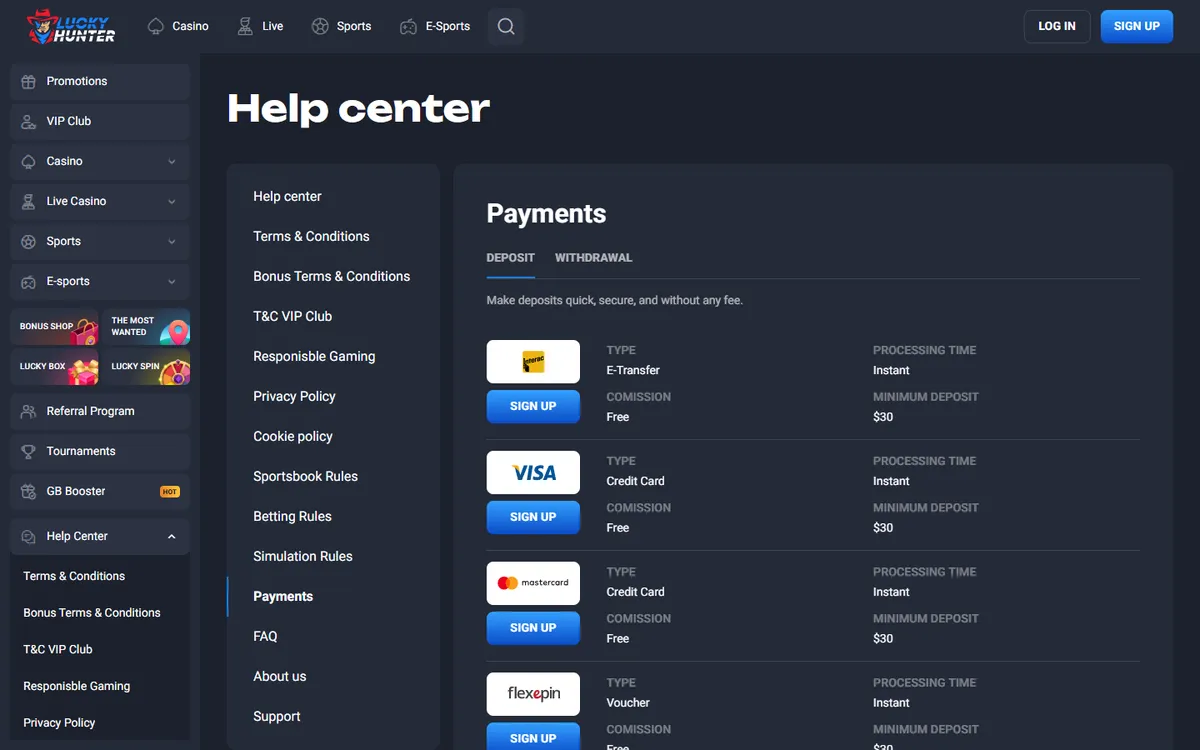 Lucky Hunter Casino — Payments, captured from Canada