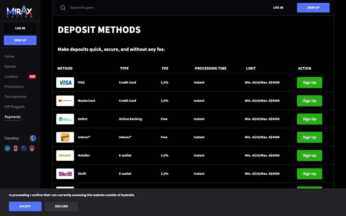 Mirax Casino — Payments, captured from Australia