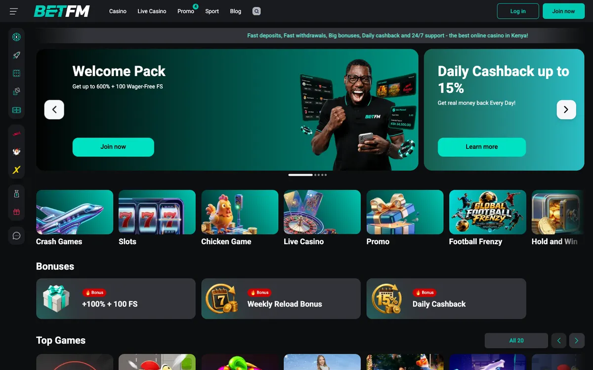 BetFM Casino — Home page, captured from Nigeria
