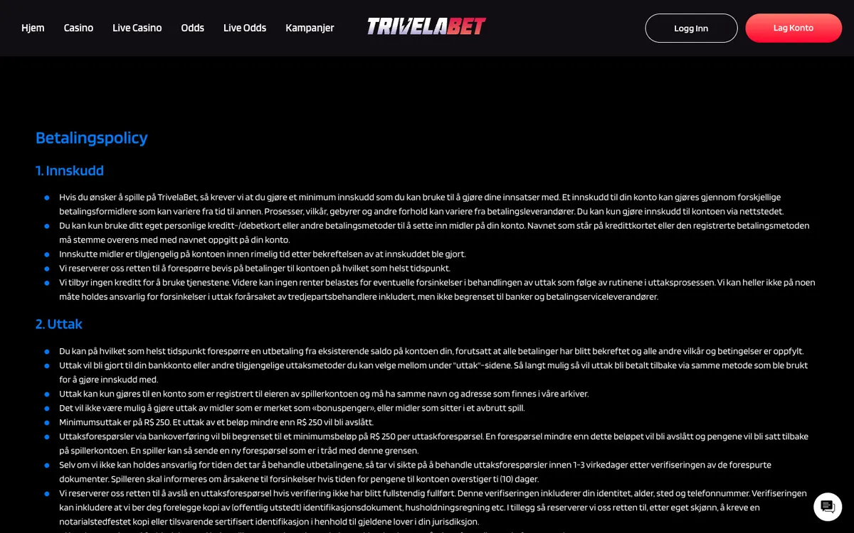 TrivelaBet Casino — Payments, captured from Norway