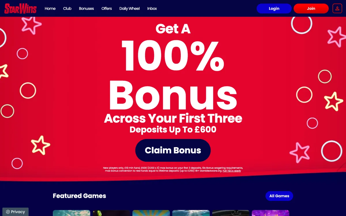 Star Wins Casino — Sign-up, captured from United Kingdom