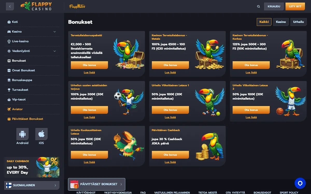 Flappy Casino — «Акции», снято из страны Финляндия