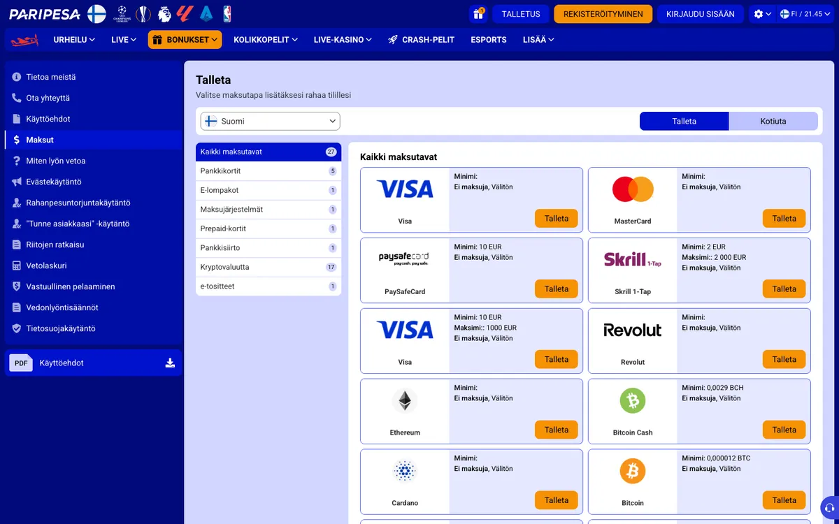 Paripesa Casino — Payments, captured from Finland