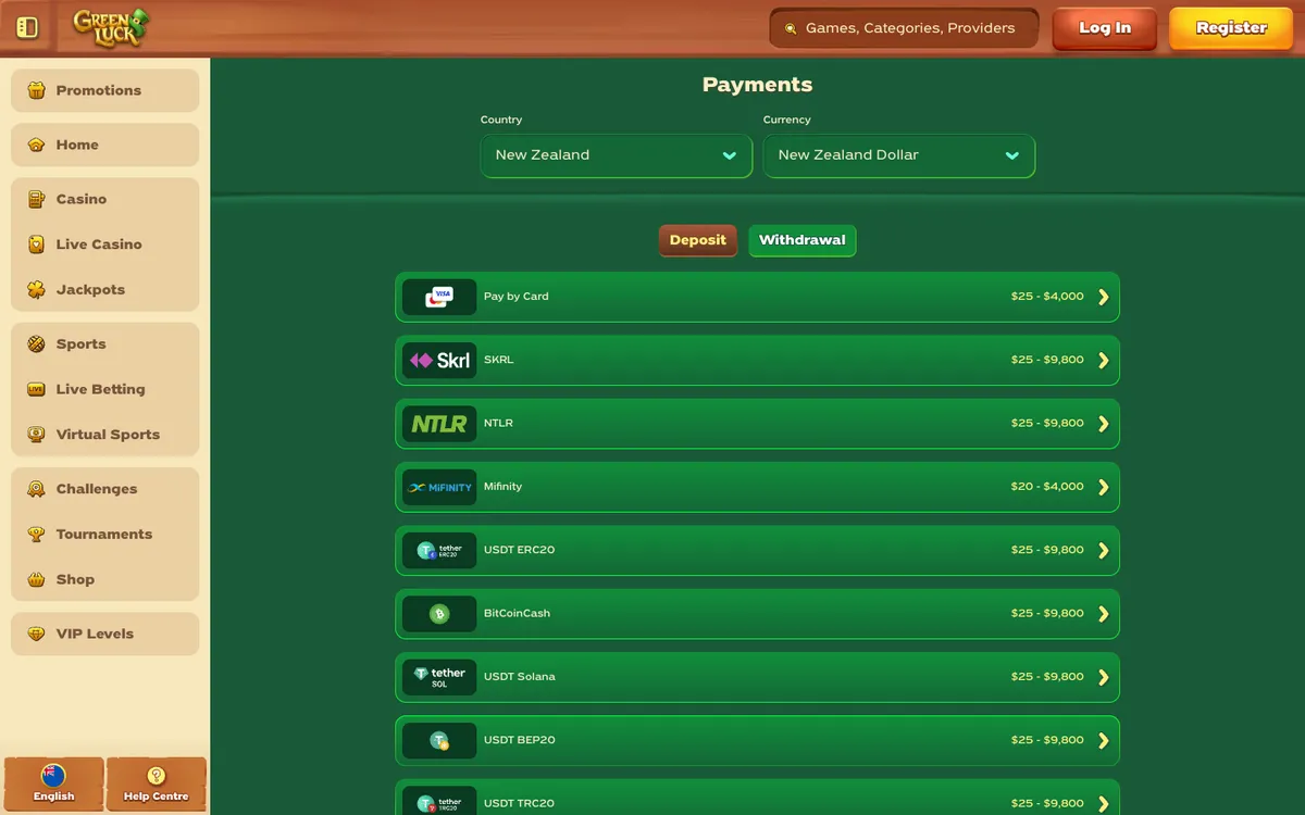 Greenluck Casino — «Платежи», снято из страны Новая Зеландия