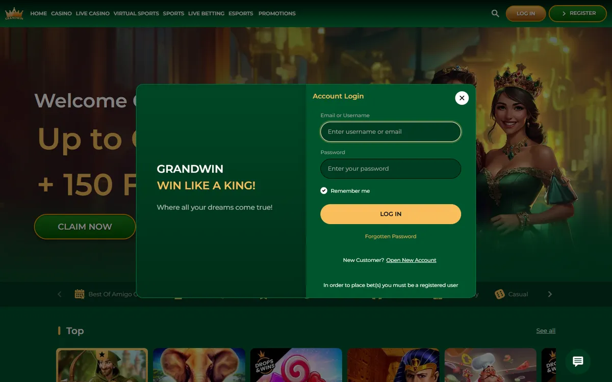 Grandwin Casino — «Регистрация», снято из страны Канада