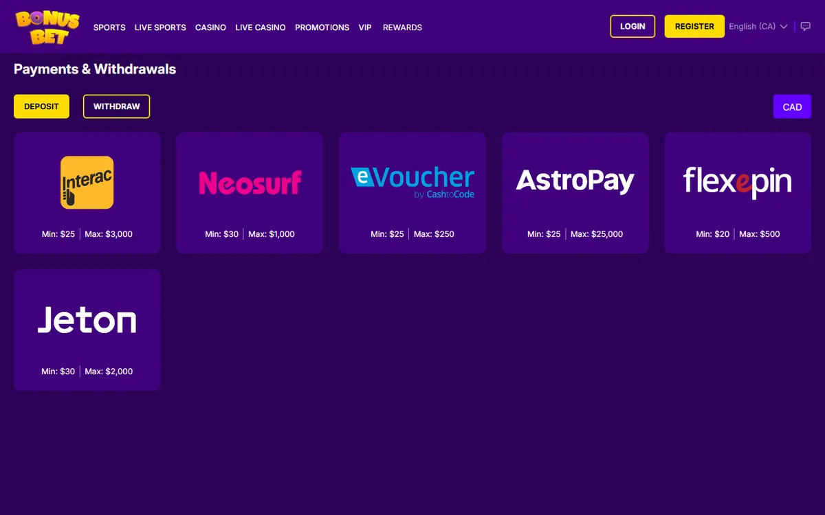 BonusBet Casino — Payments, captured from Canada