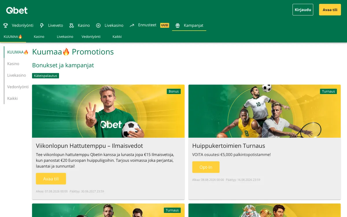 Qbet Casino — Promotions, captured from Finland