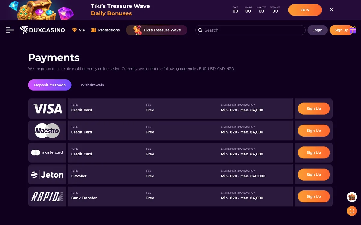 DuxCasino — Payments, captured from New Zealand
