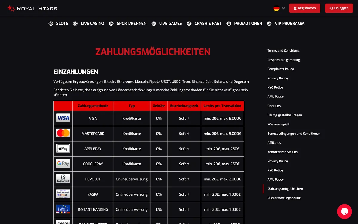 Royal Stars Casino — Payments, captured from Austria