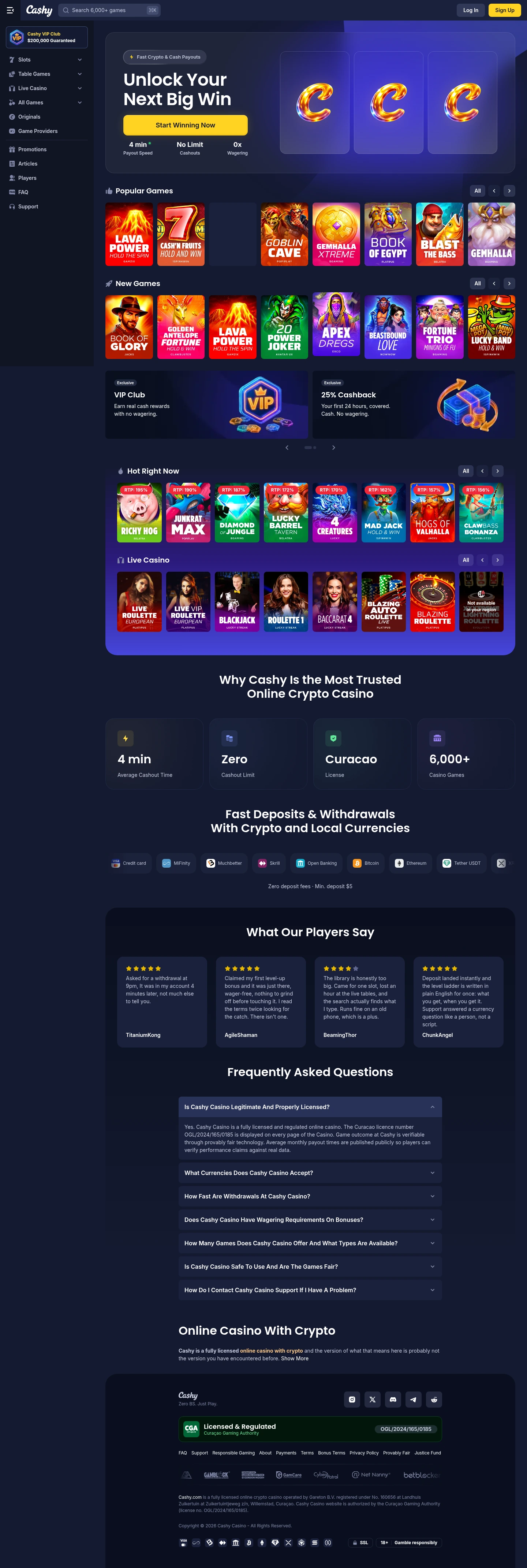 Cashy Casino — Home page, captured from Australia