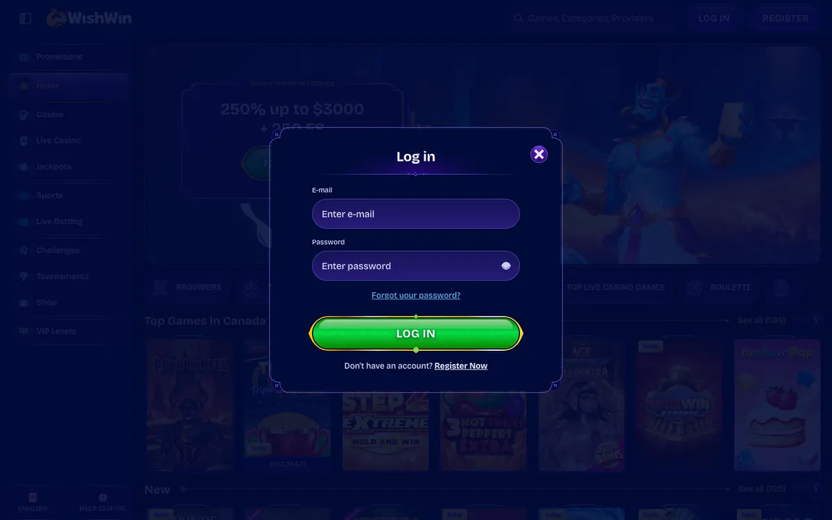 WishWin Casino — Sign-up, captured from Canada