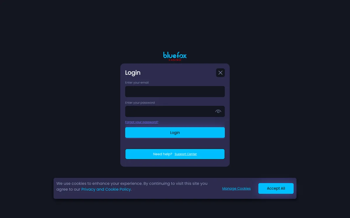 Bluefox Casino — «Регистрация», снято из страны Бельгия