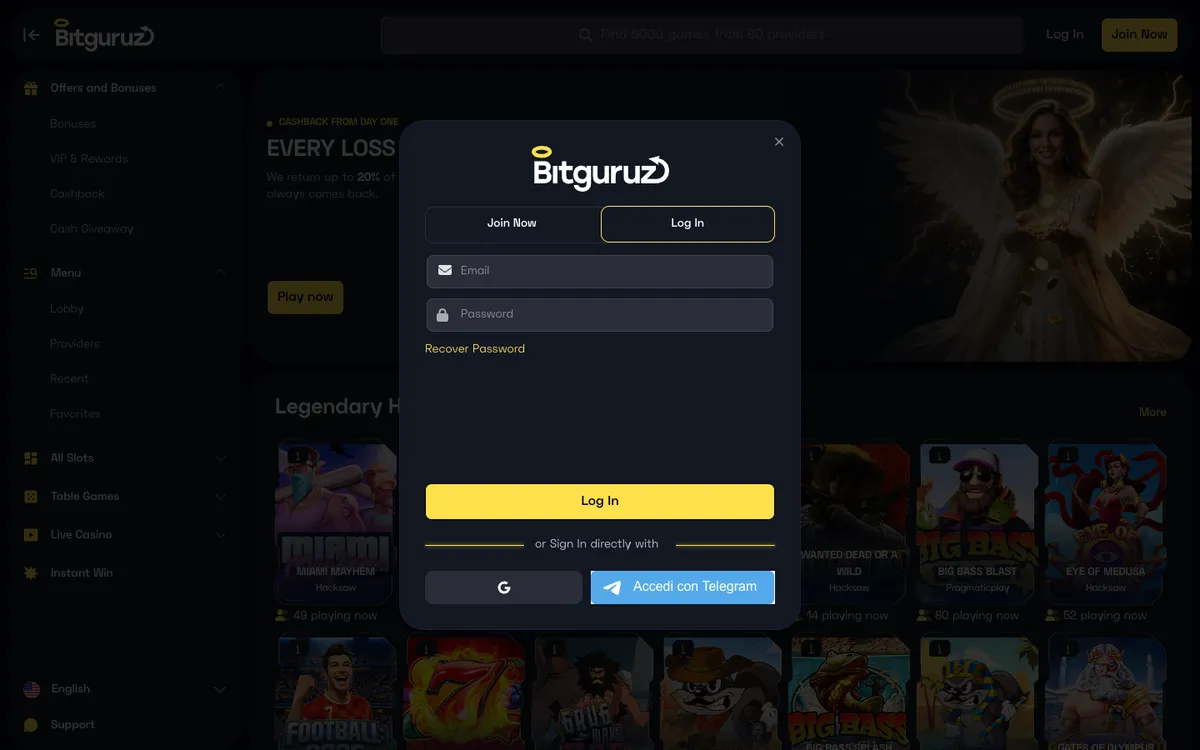 Bitguruz Casino — Sign-up, captured from Italy