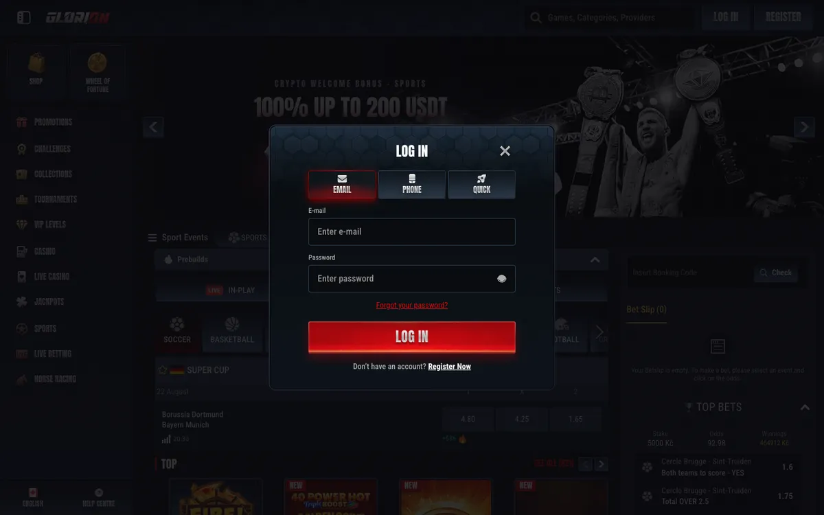 Glorion Casino — Sign-up, captured from Canada