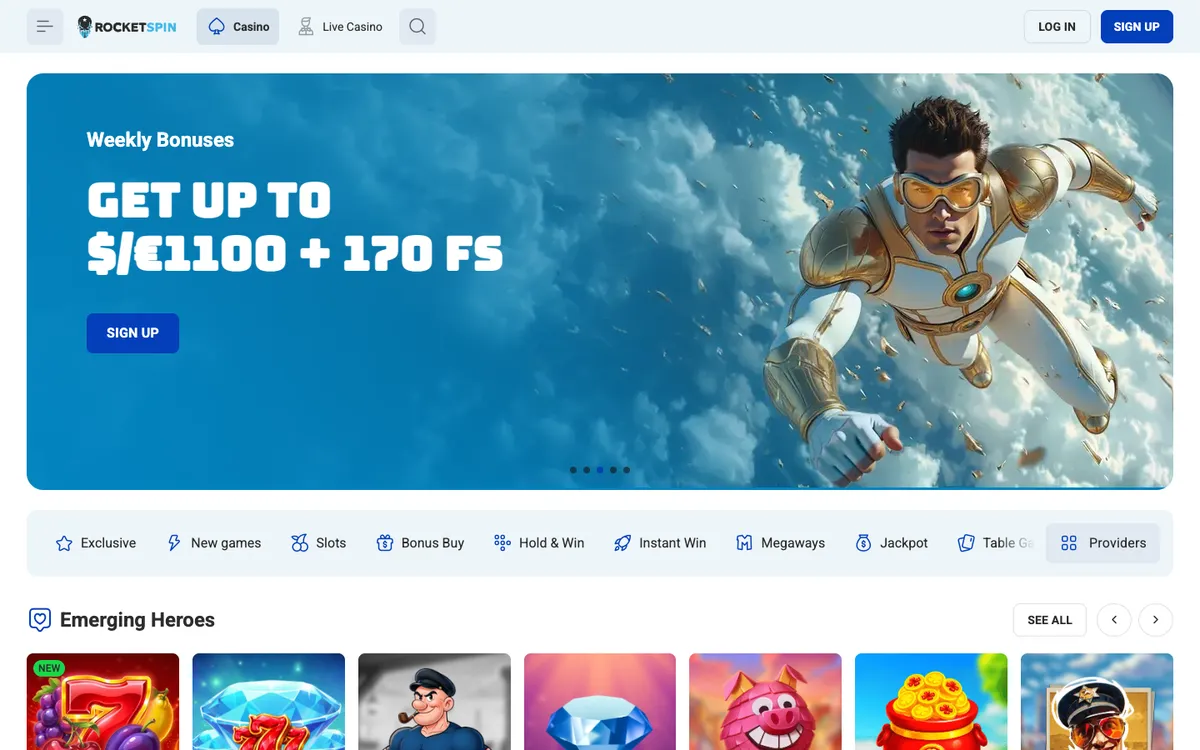 Rocket Spin Casino — Home page, captured from South Africa