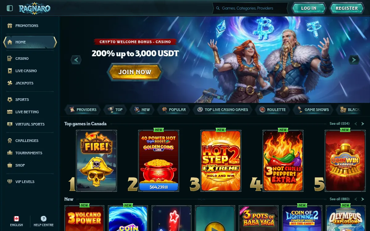 Ragnaro Casino — Home page, captured from Canada