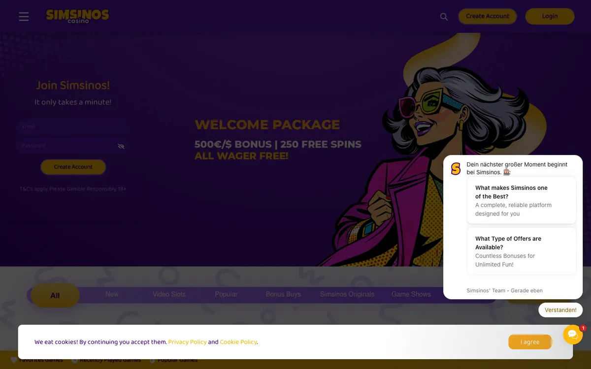 Simsinos Casino — «Регистрация», снято из страны Австрия