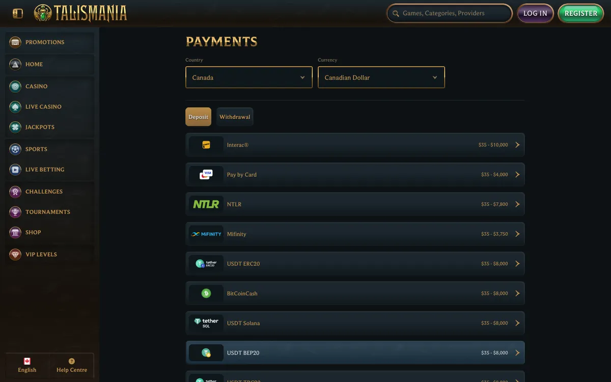 Talismania Casino — Payments, captured from Canada