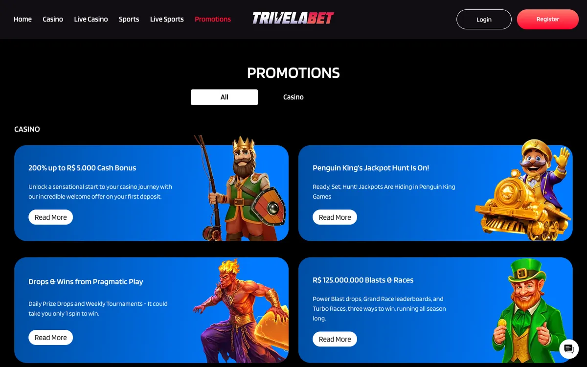 TrivelaBet Casino — Promotions, captured from Belgium