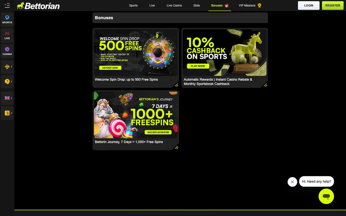 Bettorian Casino — Promotions, captured from Austria