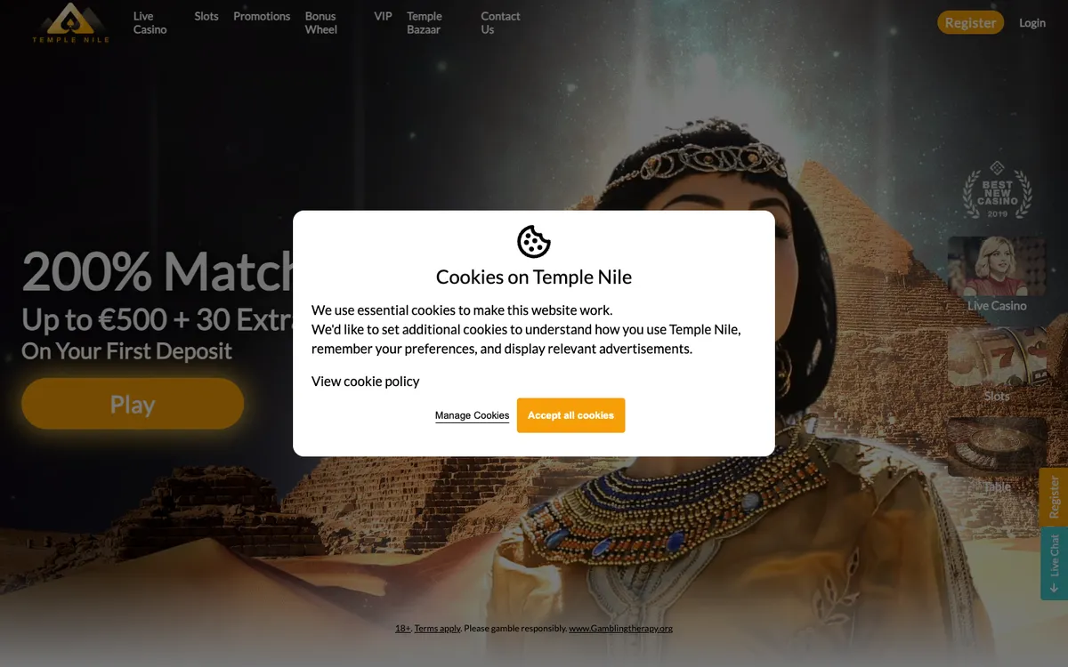 Temple Nile Casino — Home page, captured from Norway