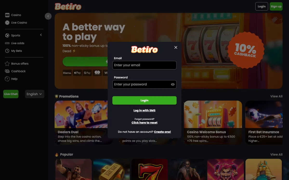 Betiro Casino — Sign-up, captured from Belgium