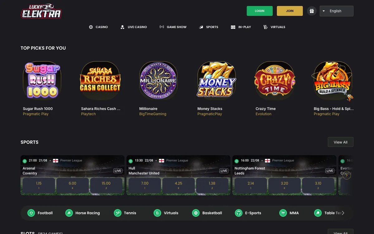 LuckyElektra Casino — Home page, captured from Canada