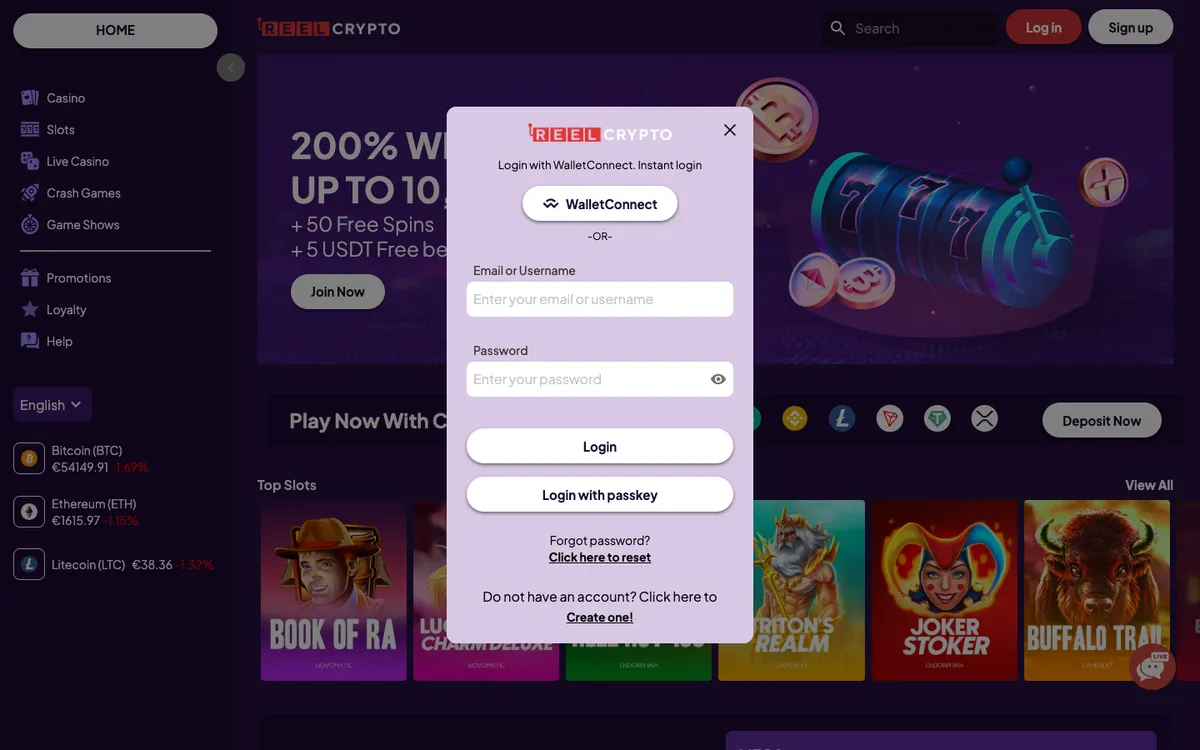 Reel Crypto Casino — Sign-up, captured from Brazil