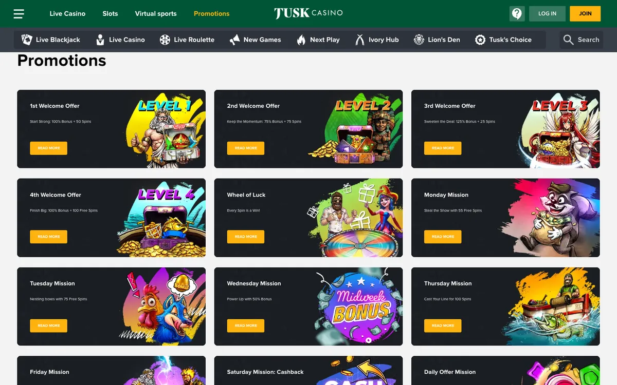 Tusk Casino — Promotions, captured from Japan