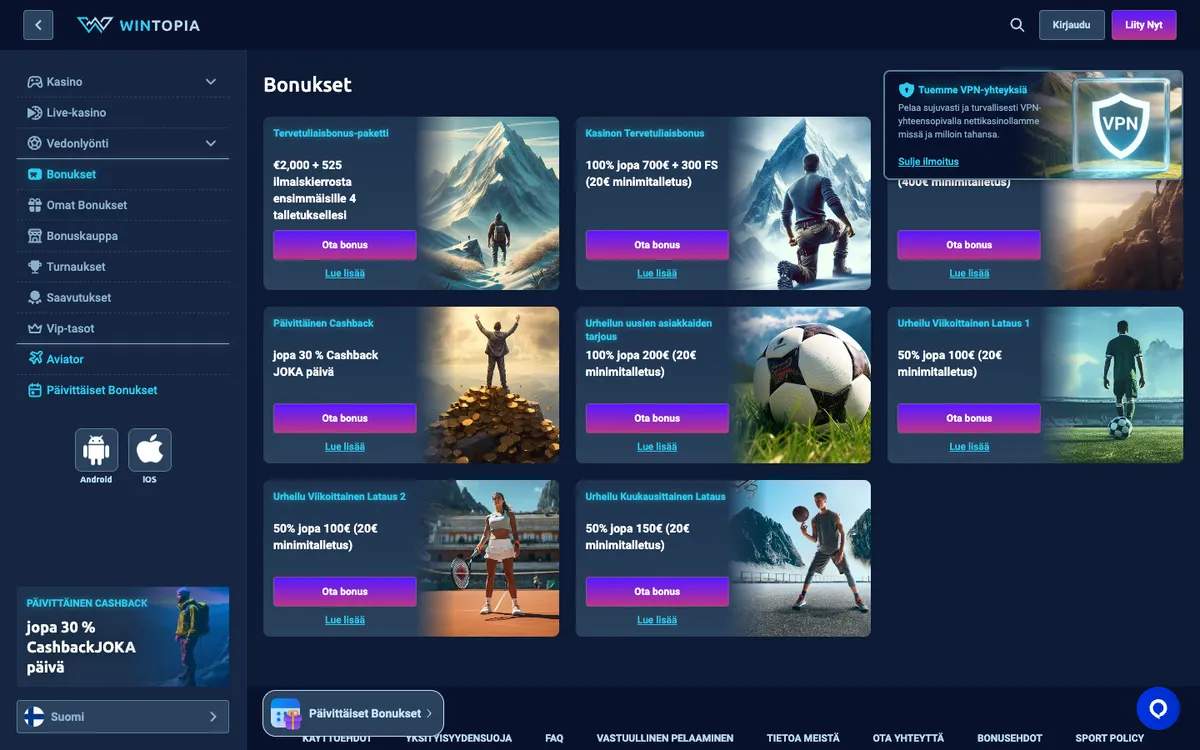 Wintopia Casino — «Акции», снято из страны Финляндия